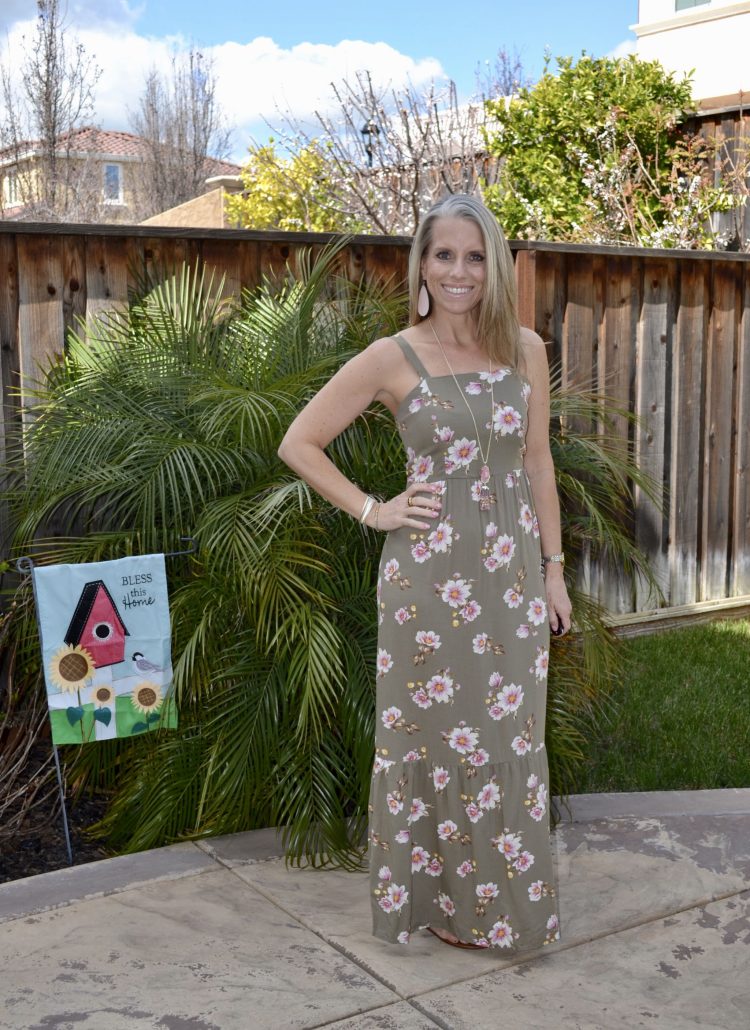 Target Floral Maxi Dress, Nickel & Suede Earrings