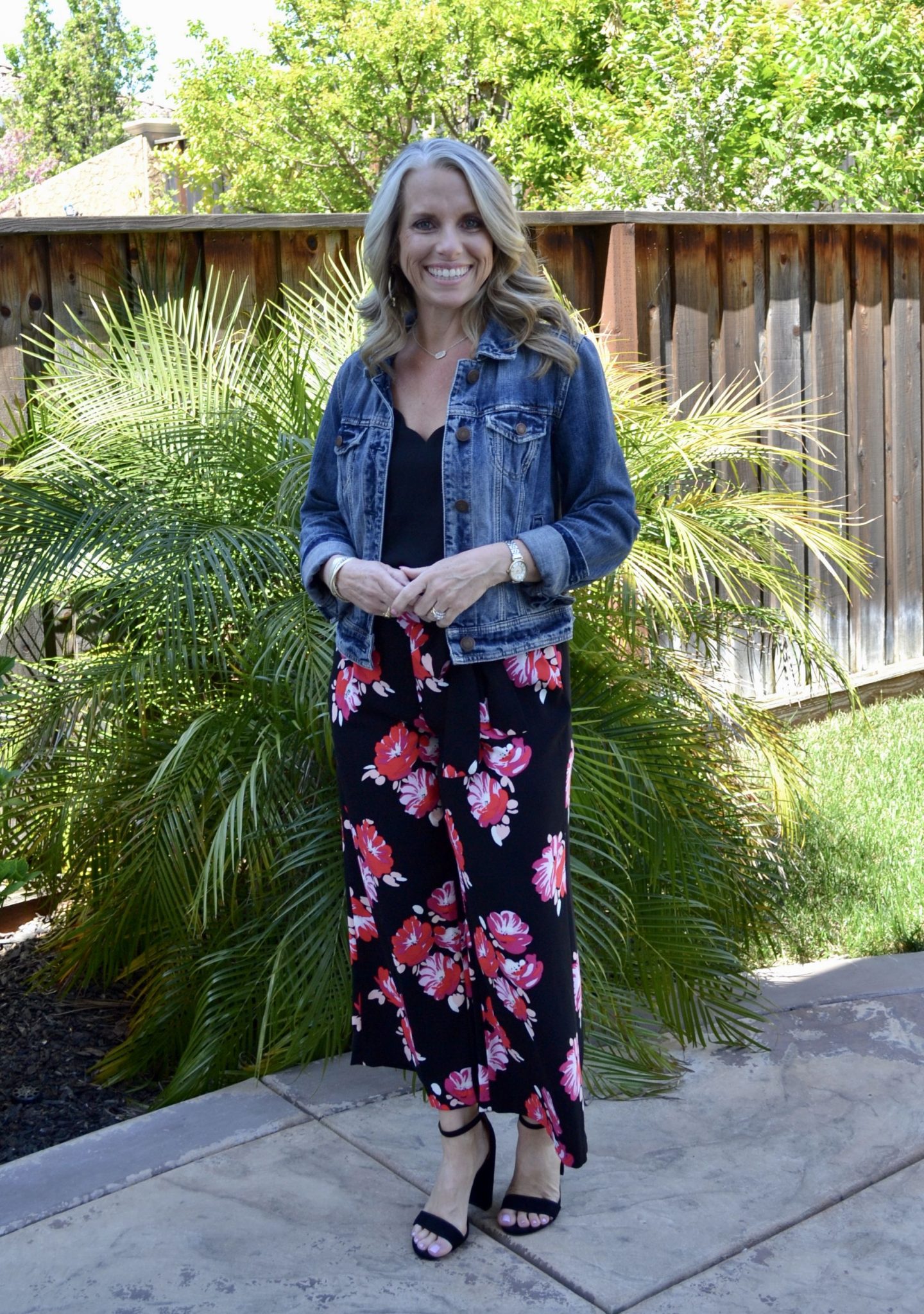 Floral pants and black cami with jean jacket