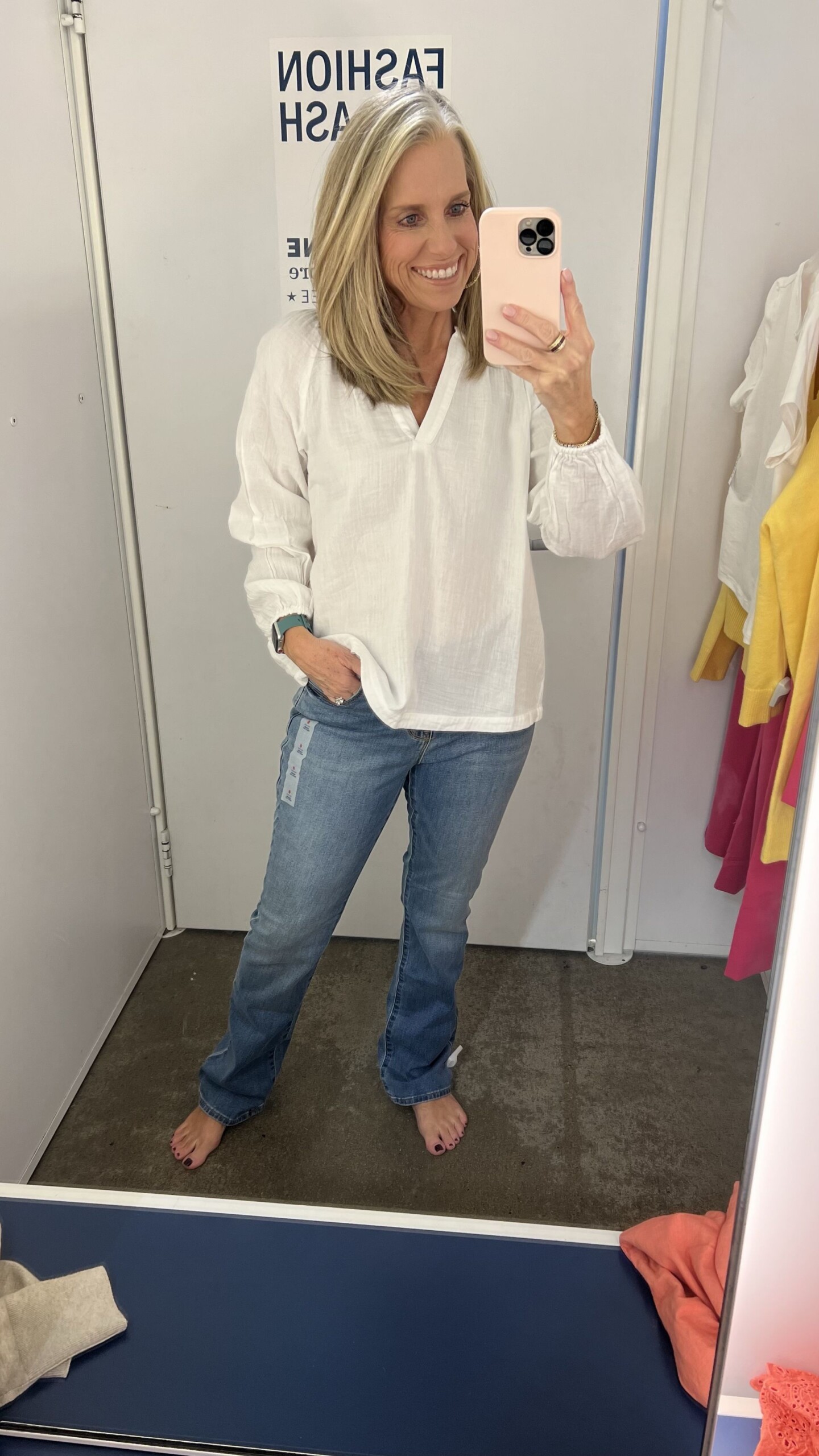 White gauze shirt and boot cut jeans 