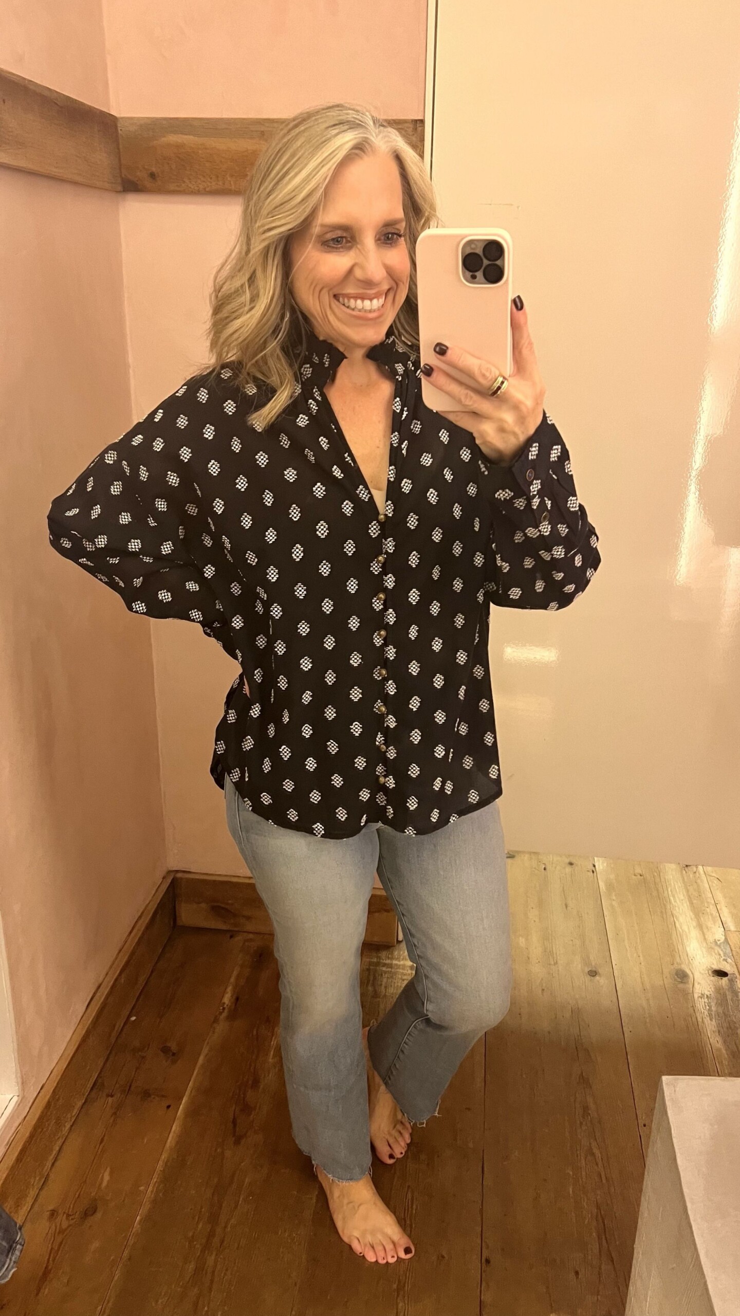 Anthropologie blouse and Mother Jeans 